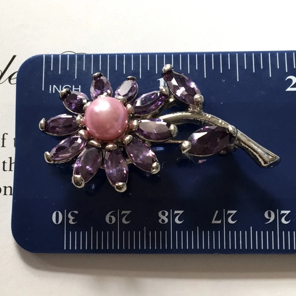 Amethyst Cubic Zirconia Purple Faux Pink Pearl Pin Brooch NEW